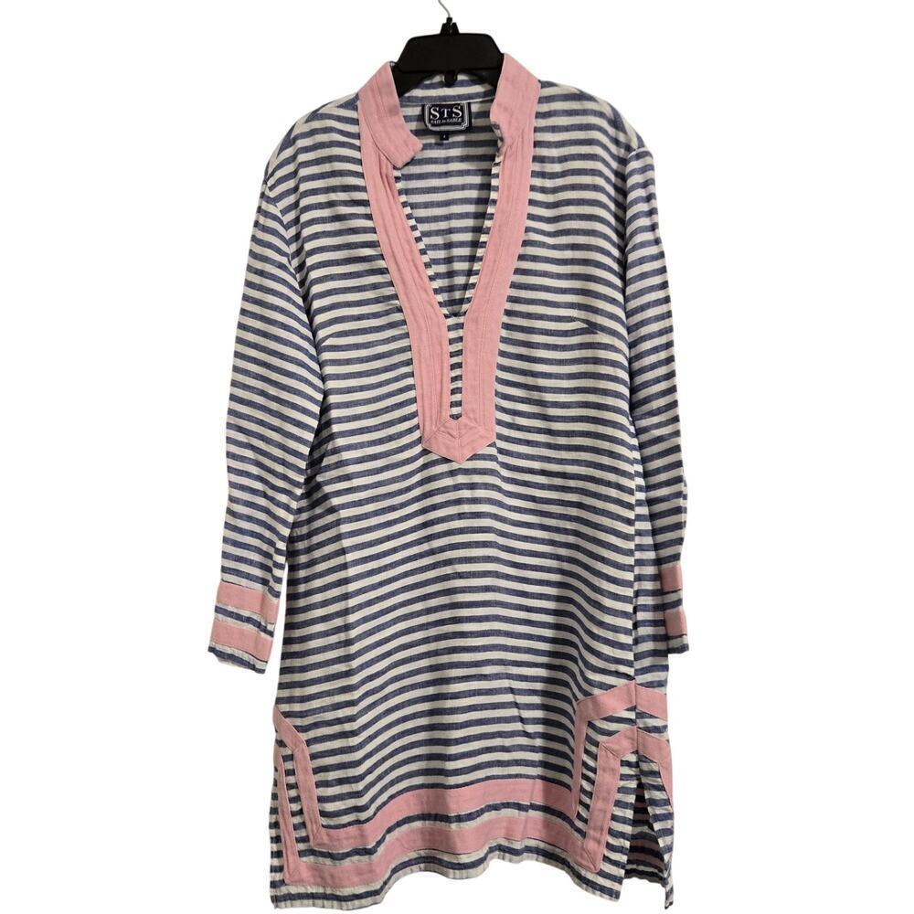 STS Sail to Sable Striped Tunic Top Navy Pink Trim Preppy 3/4 Sleeve Sz 4